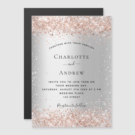 Silver glitter roos Gold bruiloft magneet Magnetische Uitnodiging (Voorkant / Achterkant)