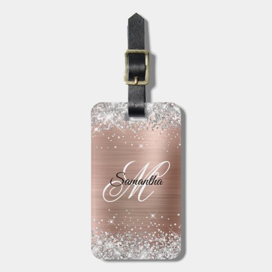 Silver Glitter Roos Gold Foil Fancy Monogram Bagagelabel (Voorkant verticaal)