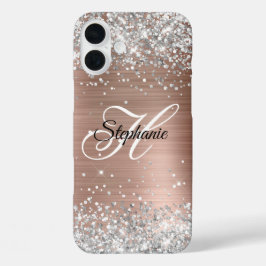 Silver Glitter Roos Gold Foil Fancy Monogram iPhone 16 Plus Hoesje