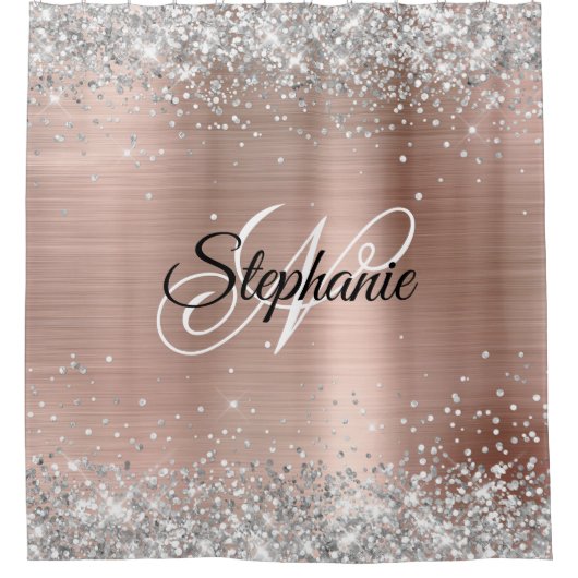 Silver Glitter Roos Gold Foil Fancy Monogram Douchegordijn (Voorkant)