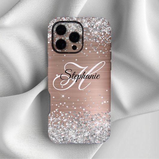 Silver Glitter Roos Gold Foil Fancy Monogram iPhone Hoesje
