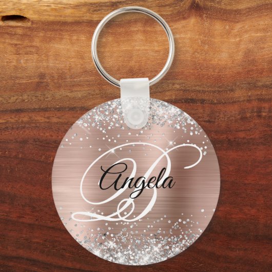 Silver Glitter Roos Gold Foil Fancy Monogram Sleutelhanger (Voorkant)