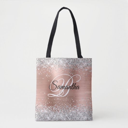 Silver Glitter Roos Gold Foil Fancy Monogram Tote Bag (Voorkant)