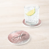 Silver Glitter Roos Gold Foil Fancy Monogrammen Zandsteen Onderzetter (Zijkant)