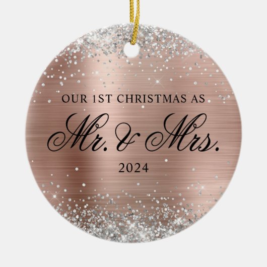 Silver Glitter Roos Gold Folie 1e Kerstfoto Keramisch Ornament (Voorkant)