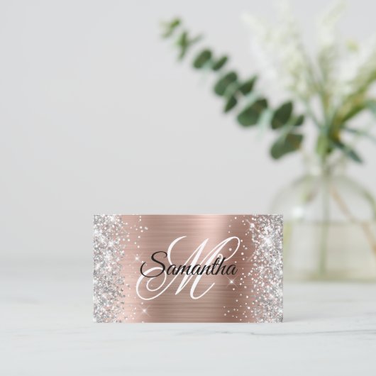 Silver Glitter Roos Gold Folie Monogram QR-code Visitekaartje (Staand voorkant)