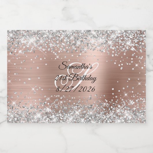 Silver Glitter Roos Gold Monogram 21e verjaardag Likeurfles Etiket (Enkel label)