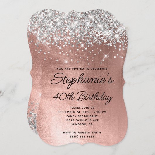 Silver Glitter Roos Gold Monogram 40e verjaardag Kaart (Voorkant / Achterkant)