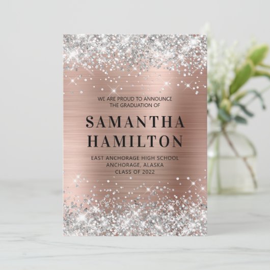 Silver Glitter Roos Gold Ombre Folie Afstuderen Aankondiging (Staand voorkant)