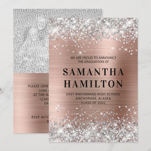 Silver Glitter Roos Gold Ombre Folie Afstuderen Aankondiging (Voorkant / Achterkant)