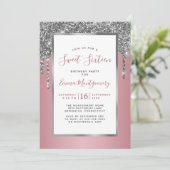 Silver Glitter Roos Gold Sweet 16 Birthday Party Kaart (Staand voorkant)