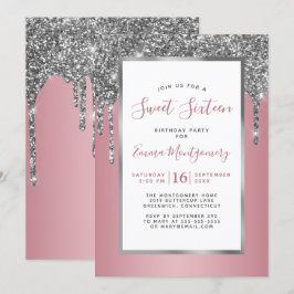 Silver Glitter Roos Gold Sweet 16 Birthday Party Kaart