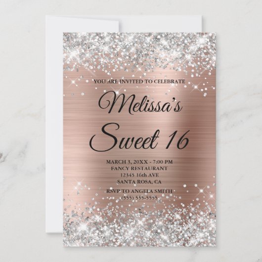 Silver Glitter Roos Gold Sweet 16 Fancy Monogram Kaart (Voorkant)