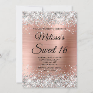 Silver Glitter Roos Gold Sweet 16 Fancy Monogram Kaart