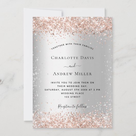 Silver glitter roos gouden formele bruiloft kaart (Voorkant)