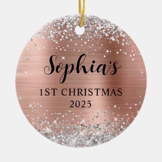 Silver Glitter Rose Gold Foil 1st Christmas Photo Keramisch Ornament (Voorkant)