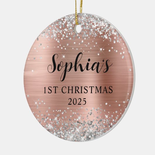 Silver Glitter Rose Gold Foil 1st Christmas Photo Keramisch Ornament (Links)
