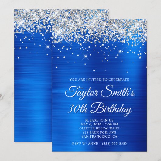 Silver Glitter Royal Blue 30e verjaardag Kaart (Voorkant / Achterkant)