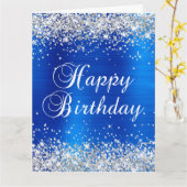 Silver Glitter Royal Blue Big Happy Birthday Kaart (Gele Bloem)
