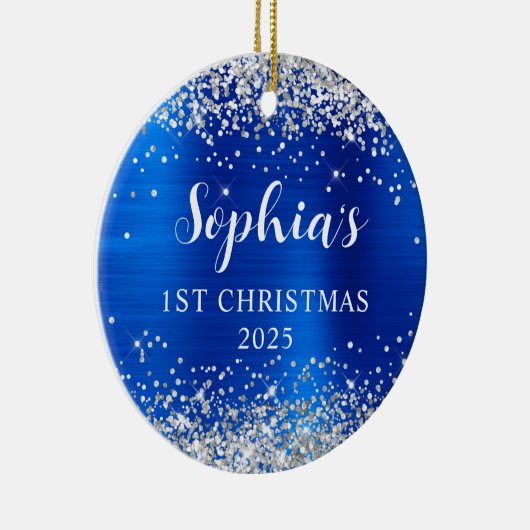 Silver Glitter Royal Blue Foil 1st Christmas Photo Keramisch Ornament (Rechts)