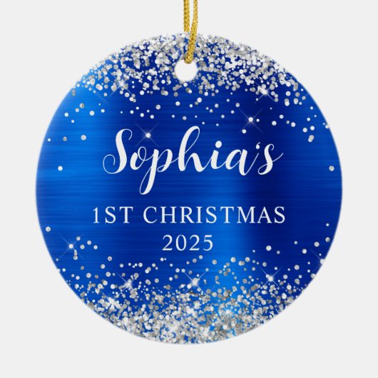 Silver Glitter Royal Blue Foil 1st Christmas Photo Keramisch Ornament (Voorkant)