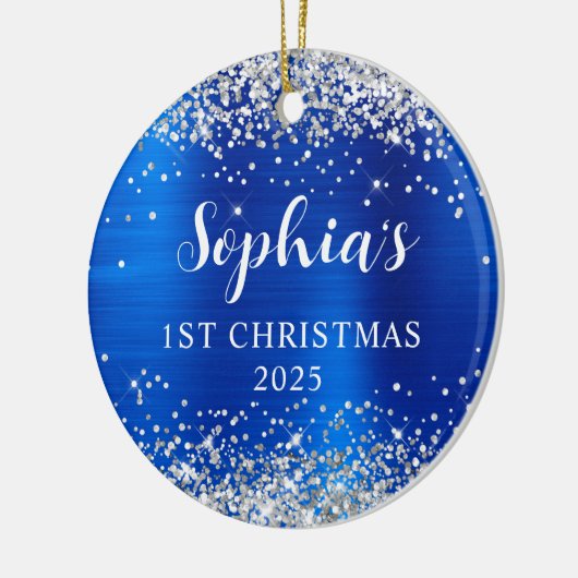 Silver Glitter Royal Blue Foil 1st Christmas Photo Keramisch Ornament (Links)