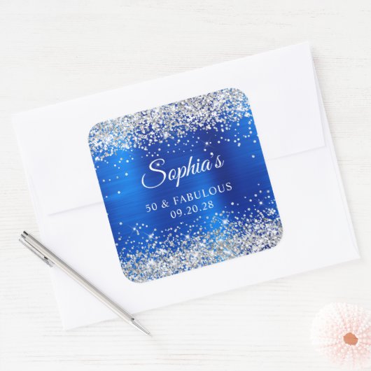 Silver Glitter Royal Blue Foil 50 & Fabulous Vierkante Sticker (Envelop)