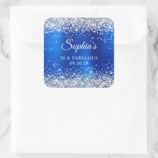 Silver Glitter Royal Blue Foil 50 & Fabulous Vierkante Sticker (Tas)