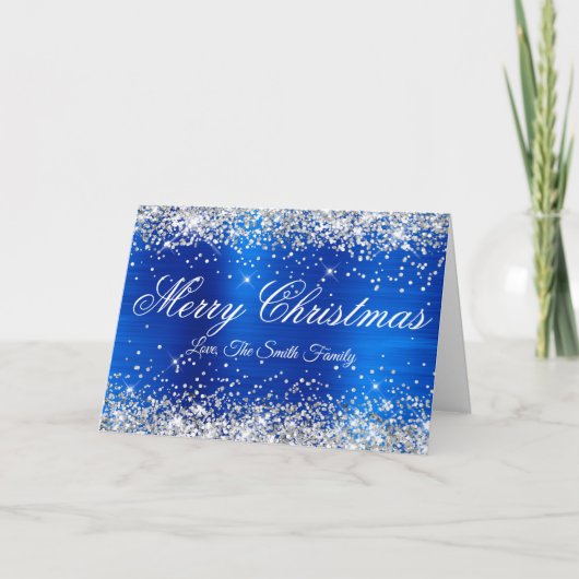 Silver Glitter Royal Blue Foil Family Photo Kaart (Voorkant)