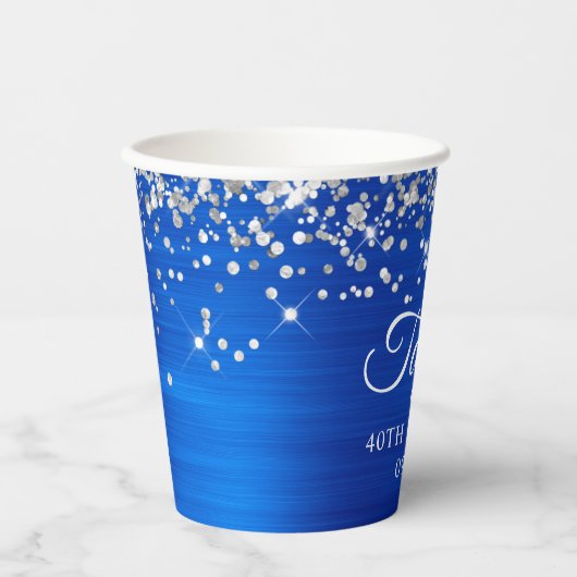 Silver Glitter Royal Blue Folie 40e verjaardag Papieren Bekers (Voorkant)