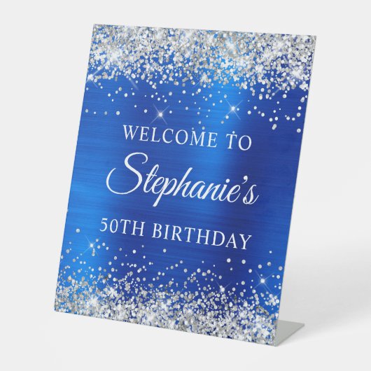 Silver Glitter Royal Blue Folie 50th Birthday Reclamebord Met Voetstuk (Voorkant)