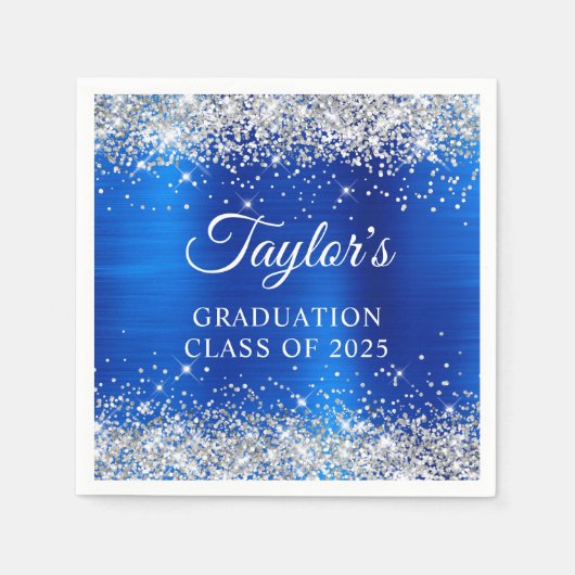 Silver Glitter Royal Blue Folie Afstuderen Servet (Voorkant)