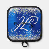 Silver Glitter Royal Blue Folie Fancy Monogram Pannenlap (Voorkant)