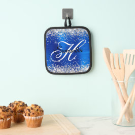 Silver Glitter Royal Blue Folie Fancy Monogram Pannenlap