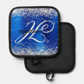 Silver Glitter Royal Blue Folie Fancy Monogram Pannenlap (Voorkant / Achterkant)