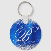 Silver Glitter Royal Blue Folie Fancy Monogram Sleutelhanger (Voorkant)
