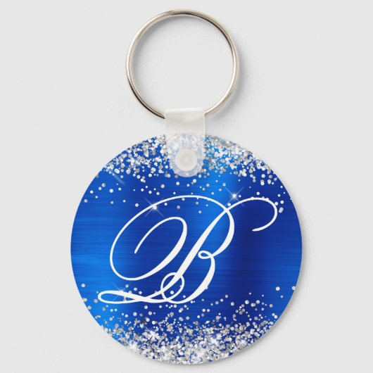 Silver Glitter Royal Blue Folie Fancy Monogram Sleutelhanger (Voorkant)