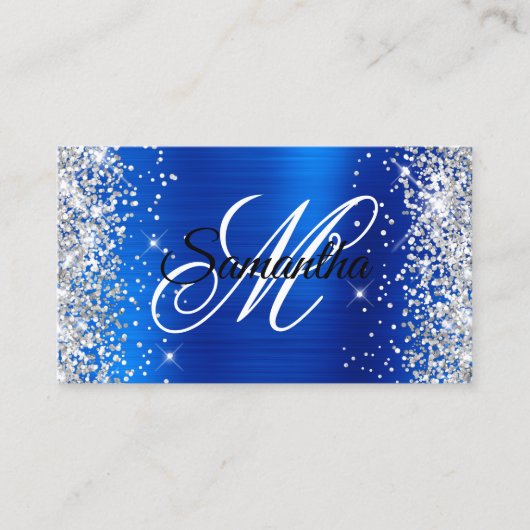 Silver Glitter Royal Blue Folie Fancy Monogram Visitekaartje (Voorkant)