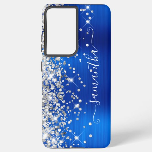 Silver Glitter Royal Blue Folie Girly Signature Samsung Galaxy Hoesje (Achterkant)