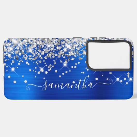 Silver Glitter Royal Blue Folie Girly Signature Samsung Galaxy Hoesje (Linkerkant)