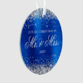 Silver Glitter Royal Blue Folie Onze 1e Kerst Ornament (voorkant)