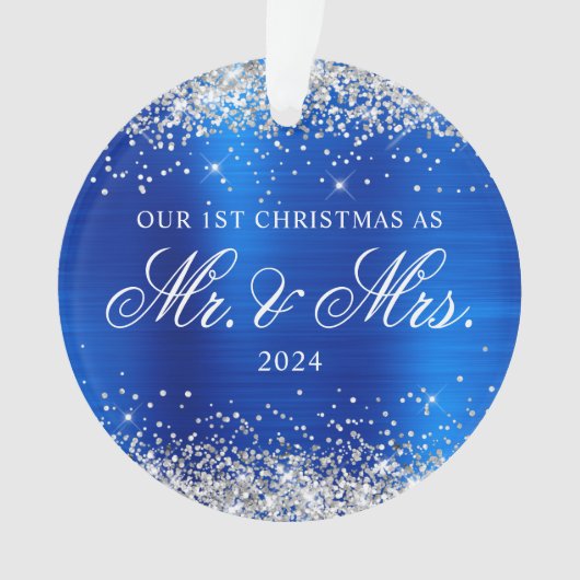Silver Glitter Royal Blue Folie Onze 1e Kerst Ornament (voorkant)