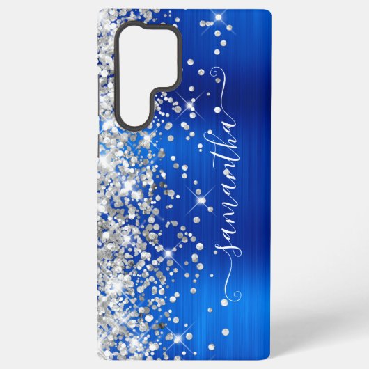 Silver Glitter Royal Blue Girly Signature Samsung Galaxy Hoesje (Achterkant)