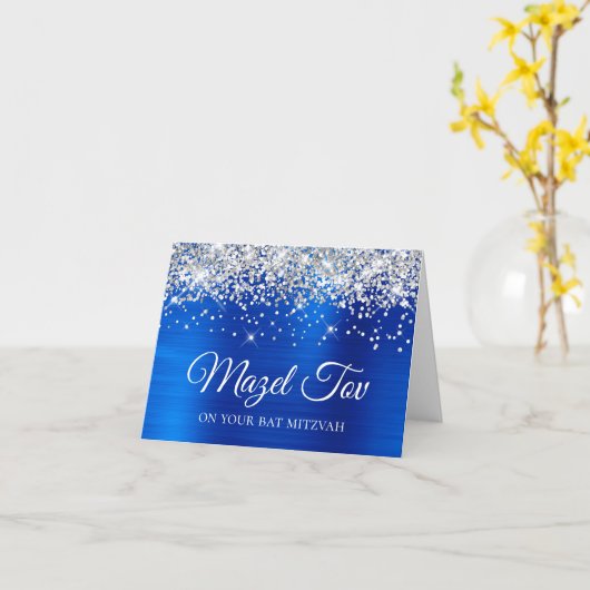 Silver Glitter Royal Blue Mazel Tov Bat Mitzvah Kaart (Gele Bloem)