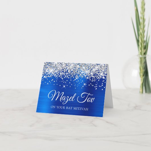 Silver Glitter Royal Blue Mazel Tov Bat Mitzvah Kaart (Voorkant)