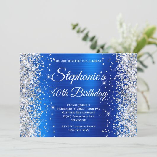 Silver Glitter Royal Blue Monogram 40e verjaardag Kaart (Staand voorkant)