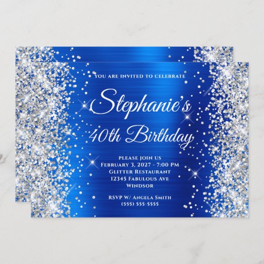 Silver Glitter Royal Blue Monogram 40e verjaardag Kaart (Voorkant / Achterkant)