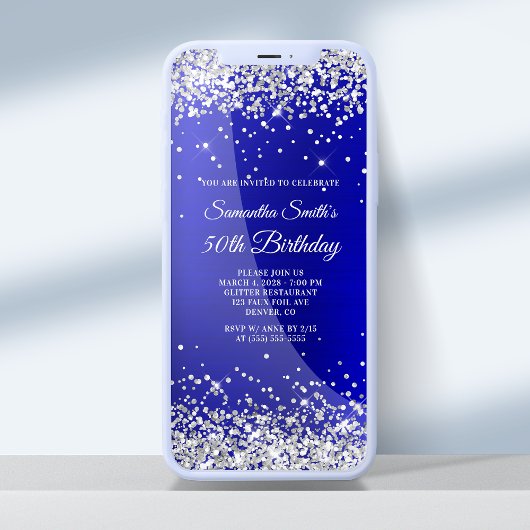 Silver Glitter Royal Blue Satin 50th Birthday Kaart