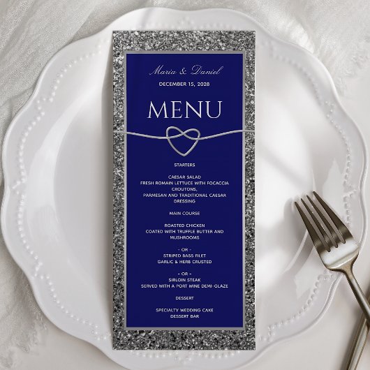 Silver Glitter Royal Blue Wedding Menu