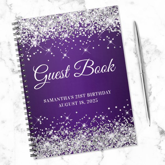 Silver Glitter Royal Paars 21st Bday Guestbook Notitieboek
